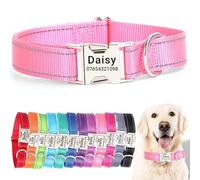 SEOUGEE Personalised Dog Collar with Engraved Metal Buckle, Reflective Nylon Collars for Small Medium Large Dogs with Custom Name Plate Phone Number (Pink, L:Neck 40-60cm,Width 2.5cm)