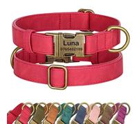 SEOUGEE Personalised Dog Collar with Engraved Name and Number, Custom Soft PU Leather Dog Collars, Adjustable & Durable Pet Collars with Quick Release Metal Buckle for Medium Dogs (M, V-Red 32-52cm)