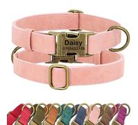 SEOUGEE Personalised Dog Collar with Engraved Name and Number, Custom Soft PU Leather Dog Collars, Adjustable & Durable Pet Collars with Quick Release Metal Buckle for Medium Dogs (M, V-Pink 32-52cm)