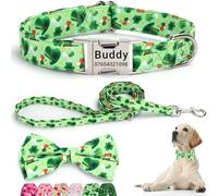 SEOUGEE St. Patrick's Day Dog Collar Personalised with Bowtie & Lead Set, Adjustable Cotton Dog Collars and Leash with Engraved Metal Buckle for Medium Dogs (Lucky Clover Set, M:Neck 35-50cm)
