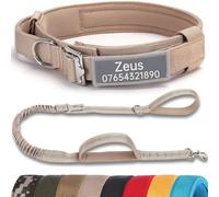 SEOUGEE Tactical Dog Collar Personalised with Handle and Leash Set, Soft Padded Dog Collars with Custom Reflective Name Patch, Pet Collars with Portable Buckle for Medium Large Dogs (Beige Set, XL)