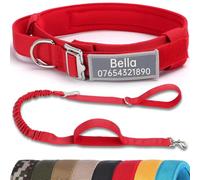 SEOUGEE Tactical Dog Collar Personalised with Handle and Leash Set, Soft Padded Dog Collars with Custom Reflective Name Patch, Pet Collars with Portable Buckle for Small Dogs (Red Set, S)