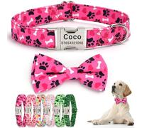 SEOUGEE Valentine's Day Dog Collar Personalised with Bowtie, Adjustable Soft Cotton Dog Collars with Custom Engraved Metal Buckle Name Phone Number for Large Dogs (Pink Paws, XL:Neck 45-70cm)
