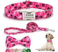 SEOUGEE Valentine's Day Dog Collar Personalised with Bowtie & Lead Set, Adjustable Cotton Dog Collars and Leash with Engraved Metal Buckle for Large Dogs (Pink Paws Set, XL:Neck 45-70cm)