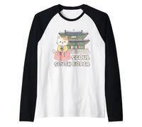 Seoul South Korea Cute Cat Hanbok Korean Traditional Dress Raglan Baseball Tee