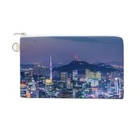 Seoul South Korea Skyline Glossy Night View Coin Purse Fashion Canvas Pouch Portable Wallet Makeup Bag for Men Women