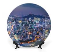 Seoul South Korea Skyline Glossy Night View Decorative Plate Ceramic China Plates with Display Stand for Home Wall Decor 8inch