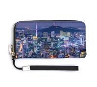 Seoul South Korea Skyline Glossy Night View Leather Wallet Fashion Purse Long Pouch with Wrist Strap for Men Women