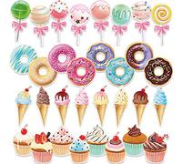 Sepamoon 32 Pcs Candy Party Decorations Includes Ice Cream Cut Outs Donuts Cutouts Round Lollipop Cupcakes Candyland with Glue Point Dots for Classroom Home Room Decor