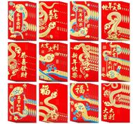 SEPGLITTER 54PCS Chinese New Year Red Envelopes 2025, Lunar New Year of The Snake Red Envelopes for Spring Festival 12 Styles Hong Bao Red Pocket Lucky Money Envelopes with Gold Raised Foil Snake