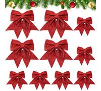 SEPGLITTER Red Christmas Bows, 10 Packs, 9.45 x 8.27 in & 5.9 x 4.7 in, Plastic, Classic Style, Glittery Surface, Multi-purpose Use, Christmas Tree Ornament