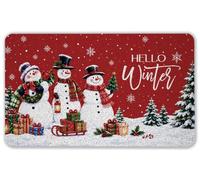 Seprhn Hello Winter Snowman Doormat Outdoor Entrance 17x30 Inch | Red Christmas Snowmen Front Door Welcome Mat, Winter Snow Tree Christmas Small Rug for Entryway Porch