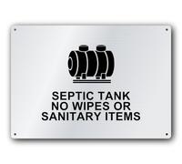 Septic Tank Do Not Flush Wipes Or Sanitary Products Sign, septic tank sign for bathrooms, offices and rental properties, 29.7 x 21.0 cm Silver Brushed Aluminium Composite, Pre-Drilled