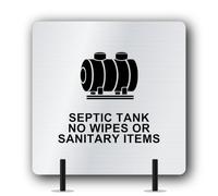 Septic Tank Do Not Flush Wipes Or Sanitary Products Sign, Septic Tank Sign for Bathrooms, Toilets and Offices, 14.5 x 14.5 cm Silver Brushed Aluminium Composite, Free-Standing
