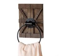Septoolshop Wall Mounted Towel Rack Rustic Style, Swivel Wood Holder with Metal Ring for Bathroom and Kitchen, Compact Farmhouse Decor, 8.5x6.3 Inch Space Saving Storage with Mounting Kit(brown)