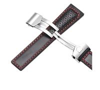 SEQLTWFC Genuine Leather Watch Strap 19mm 20mm 22mm watchband Compatible With tag heuer Carrera Monaco F1 watch band Red Men Fold buckle bracelet(Black red Silver)