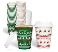 SEQUEDA 50 Pack Christmas Coffee Cups Disposable with Lids 12 Oz Thickened Paper Coffee Cups with Lids, To Go Cups for Hot Beverage Chocolate Tea Cocoa, Xmas Holiday Table Party Decorations