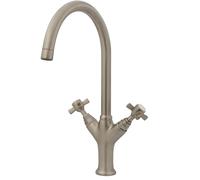 Sequel Brushed Nickel Kitchen Mixer Tap | Dual Cross Handles | Traditional High Swivel Spout