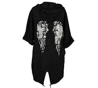Sequin Angel Wings Plus Size Cardigans for Women Back Longline Hooded Turn Up Sleeve Loose Oversized Hoodie Tops Italian Ladies Coats Lagenlook Cardigan UK 8-18 Black