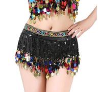 Sequin Belly Dance Hip Scarf, Womens Glitter Sequins Tassel Wrap Skirt, Sparkly Bling Fringe Tassel Latin Dance Coins Hip Belt Waist Scarf for Party Club Carnival Clubwear Rave Performance Outfits