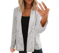 Sequin Blazer Women's Silver Oversize Blazer for Women Elegant Long Sleeve Sequin Blazer with Glitter Bomber Jacket Elegant Short Jacket Plain Blazer Coat Party Outwear Cardigan, silver, S