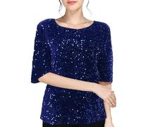 Sequin Blouse for Women UK Shimmer Glitter Shirts Sparkle Tops 3/4 Sleeve Crew Neck Tshirts Loose Fit Elegant Tee Shirt Party Club Casual Soft Comfy Tunic Top Ladies Plus Size 8-18 Dark Blue
