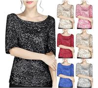 Sequin Blouse for Women UK Shimmer Glitter Shirts Sparkle Tops 3/4 Sleeve Crew Neck Tshirts Loose Fit Elegant Tee Shirt Party Club Tees Casual Soft Comfy Tunic Top Ladies Plus Size 22 Black