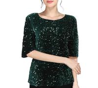 Sequin Blouse for Women UK Shimmer Glitter Shirts Sparkle Tops 3/4 Sleeve Crew Neck Tshirts Loose Fit Elegant Tee Shirt Party Club Casual Soft Comfy Tunic Top Ladies Plus Size 8-18 Green
