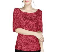 Sequin Blouse for Women UK Shimmer Glitter Shirts Sparkle Tops 3/4 Sleeve Crew Neck Tshirts Loose Fit Elegant Tee Shirt Party Club Tees Casual Soft Comfy Tunic Top Ladies Plus Size 22 Red