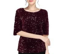 Sequin Blouse Women Shimmer Glitter Shirts Sparkle Tops 3/4 Sleeve Crew Neck Tshirts Loose Fit Elegant Tee Shirt Party Club Casual Soft Comfy Tunic Top Ladies Plus Size 8-18 Wine