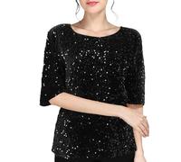 Sequin Blouse Women Shimmer Glitter Shirts Sparkle Tops 3/4 Sleeve Crew Neck Tshirts Loose Fit Elegant Tee Shirt Party Club Casual Soft Comfy Tunic Top Ladies Plus Size 8-18 Black