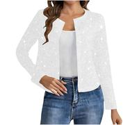 Sequin Bolero Jacket Open Front Sparkly Cropped Cardigan for Women Shrug Top Lightweight Blazer Glitter Disco Bomber Jackets Outerwear for Evening Club Party Wedding Rave Outfits M White
