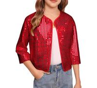 Sequin Bomber Jackets for Girls Uk Sparkly Cropped Coat Glitter Open Front Cardigan Elegant Shiny Shrug Long Sleeve Crew Neck Top Party Club Performance Hip Hop Dance Birthday Kids Children 2-17 Years
