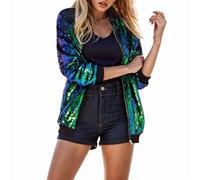Sequin BomberJacket Long Sleeve Zip Up Party Glitter Metallic Shiny Jacket Dance Coat Sparkly BlazerJacket Sequins Performance Tops Outwear Christmas Party Sequin Jacket for Women Party (Green, XL)