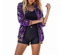 Sequin BomberJacket Long Sleeve Zip Up Party Glitter Metallic Shiny Jacket Dance Coat Sparkly BlazerJacket Sequins Performance Tops Outwear Christmas Party Sequin Jacket for Women Party (Purple, XL)