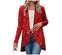 Sequin Cardigan for Women UK Sparkly Shiny Sequins Jacket Glitter Ladies Elegant Open Front Coat Metallic Cover Up Casual Lightweight Shrug High-Low Hem, Wedding Party Christmas Cocktail Festival Red