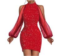 Sequin Cold Shoulder Bodycon Mesh Long Sleeve Mini Dress - Turtleneck Sexy Evening Wedding Guest for Dinner Dance Party - Elegant Ladies Sparkly Glitter Clubwear