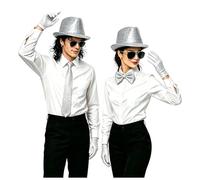 Sequin Costume Set Hat Sunglasses Bow Tie Necktie Gloves Stage Performance Dance Outfit MJ Style Fancy Dress Party Show Accessories Kit Michael 80s Style Stage Outfit Kit for Disco Party Cosplay