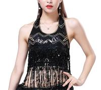 Sequin Crop Top for Belly Dance, Women's Glitter Sequins Halter Neck Fringe Tassel Bra Top, Sparkly Strappy Backless Tribal Bra for Party Carnival Clubwear Rave Boho Festival Clubbing Outfits