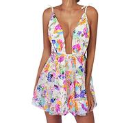 Sequin Dress for Women Sparkly Glitter Sexy Spaghetti Strap Summer Backless Deep V Low Cut Floral Mini Dresses for Party Cocktail Clubwear Homecoming (White, S)