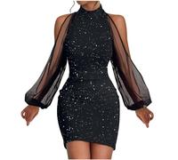 Sequin Dress for Women UK Cold Shoulder Bodycon Mesh Long Sleeve Mini Dresses Turtleneck Neck Sexy Evening Wedding Guest Dress Dinner Dance Party Dress Elegant Ladies Sparkly Glitter Clubwear