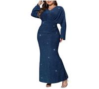Sequin Dress for Women UK Ruched Bodycon Fashtail Shiny Maxi Dresses Cocktail Long Chiffon Dresse Long Sleeve Elegant Sparkly Glitter Party Dress Prom Gown Evening Dress Plus Size Casual Dress Blue