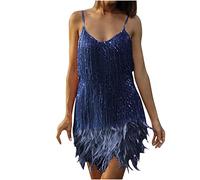 Sequin Dress Fringe Dress for Women UK Sale Glitter Dresses Sleeveless Spaghetti Strap Dresses Feather Sparkling Party Club Dress Evening Gown Trend Fringe Dance Dress Sparkly Shiny Tunic Dresses