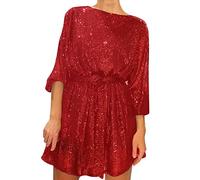 Sequin Dresses for Women UK Long Sleeve Glitter Party Sparkle Loose Fit Shift Mini Short with Belt Plus Size Slim Tunic Swing for Daily Evening Wedding Red