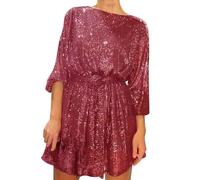 Sequin Dresses for Women UK Long Sleeve Glitter Party Sparkle Loose Fit Shift Mini Short with Belt Plus Size Slim Tunic Swing for Daily Evening Wedding
