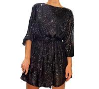 Sequin Dresses for Women UK Long Sleeve Glitter Party Sparkle Loose Fit Shift Mini Short with Belt Plus Size Slim Tunic Swing for Daily Evening Wedding Black