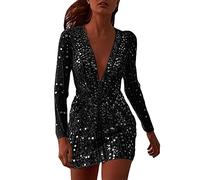 Sequin Dresses for Women Uk, Party Dresses for Women Uk Plus Size, Ladies Sexy Deep V See Through Bodycon Wrapped Long Sleeve Mini Dress Going Out Dresses Prom New Years Eve Dinner Dresses