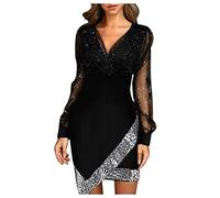 Sequin Dresses for Women UK Prom V-Neck A-Line Mini Dresses Long Sleeve Tulle Party Dresses Wrapped Dinner Party Festival Dresses Club Slim Fit Tank Dress Vintage Swing Party Dress Black