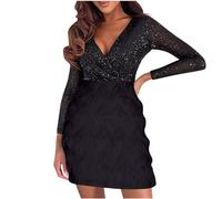 Sequin Dresses Women Solid V Neck Plush Patchwork Sequin Dress Sliming Thin Party Elegant Dress Cocktail Evening Dresses Ladies Spring Summer Long Sleeve Bodycon Dress Mini Short Dress