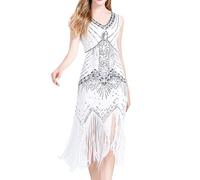Sequin Dresses Women's Charleston Flapper Dresses Full Sequins Retro Style V Neck Great Gatsby Theme Party Skirt Dress 1920s Gatsby Evening Dresses New Year's Eve Outfit, O White, XL